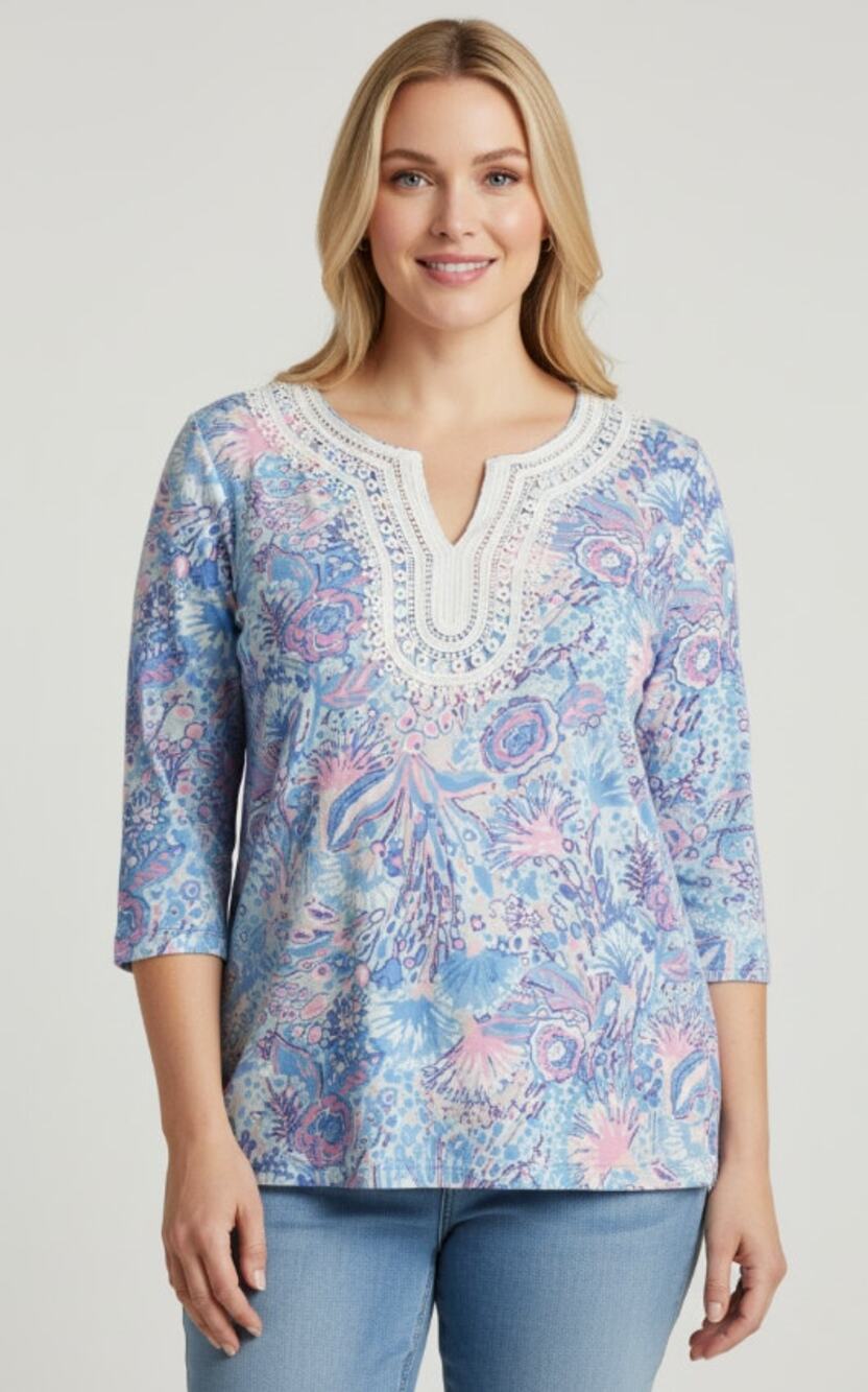 TALBOTS TOP WOMENS XLARGE COTTON BLEND LACE TRIM FLORAL BLUE PINK PAISLEY BLOUSE